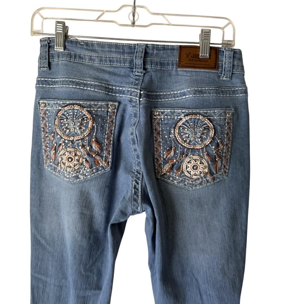 Y Jeans‎ Jeans Y2k 9/10 Blue Flare Distressed Embroidered Boho Sequin Pockets